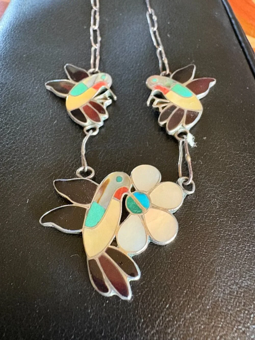 Vintage Zuni Hummingbird Signed Inlay Necklace